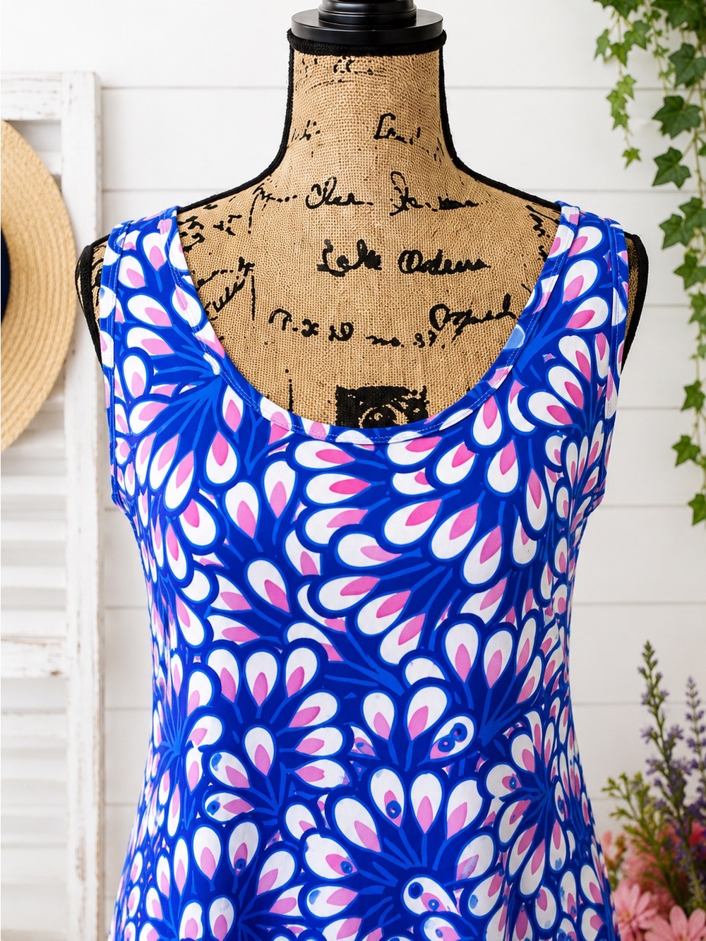 Before + Again Blue Pink Peacock Feather Sleeveless Shift Dress Women’s Large - Picture 3 of 5